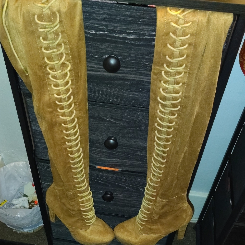 Tan Lace-Up Over-the-Knee Boots